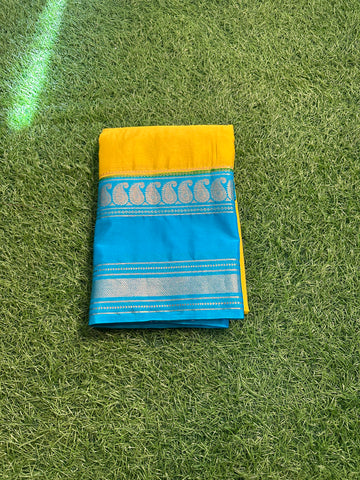 Semi crepe with vented border mustard and blue.