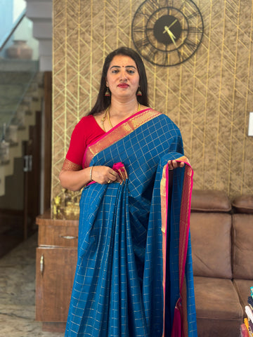Peacock blue with pink pure crepe Mysore Silk sarees. 120 gsm