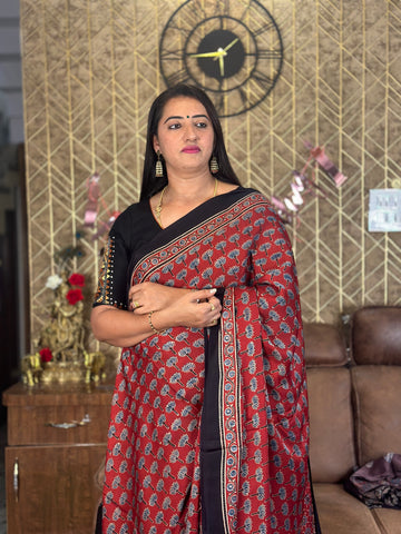 Red and black Ajrak pure modal silk sarees.