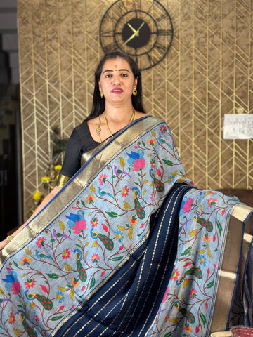 Dark blue with grey kalamkari crepe sarees.