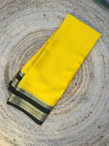 Yellow and black checks pure crepe Mysore Silk sarees 120 gsm