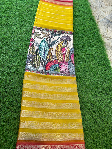 Yellow and red semi crepe kalamkari saree.