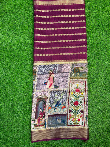 Maroon semi crepe digital kalamkari horizontal stripes