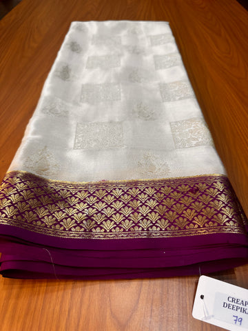 Cream with dark purple pure crepe Mysore Silk 120 gsm