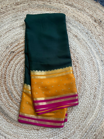 Deep green and mustard pure crepe Mysore Silk sarees 100 gsm