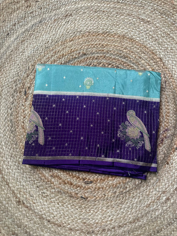 Olive green with purple dola silk checks border.