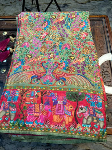 Parrot green pure moonga crepe Kashmiri work all over the body.