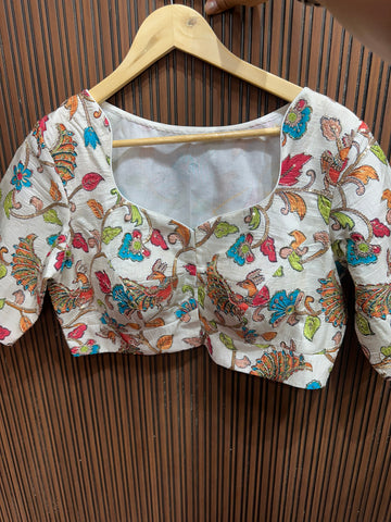 Half white stiched kalamkari blouse