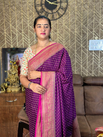 Wine with pink pure crepe Banaras silk handloom saree with brocade blouse