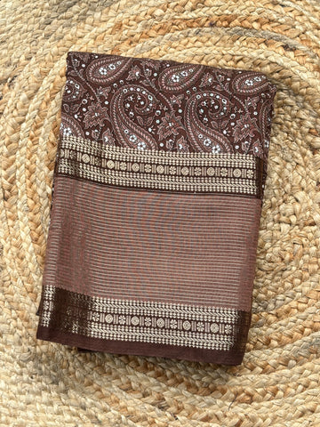 Brown semi digital butter crepe sarees
