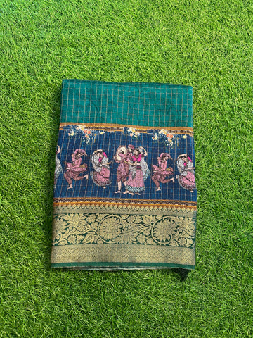 Peacock green dola kalamkari with Banarasi border.