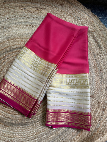 Onion pink with white horizontal lines border pure Mysore Silk crepe sarees.120 gsm