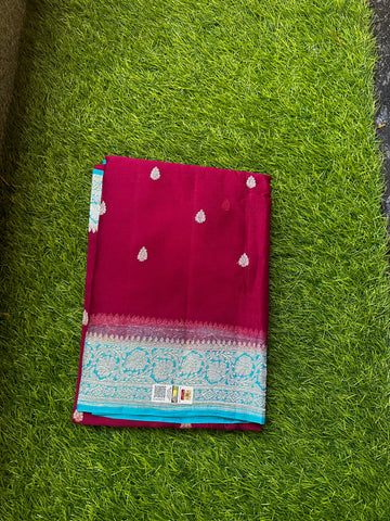 Pure khaddi chiffon,Mejentha with Rama blue.