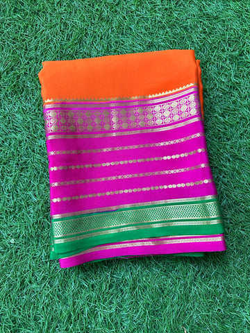 Orange with pink pure crepe Mysore Silk sarees.