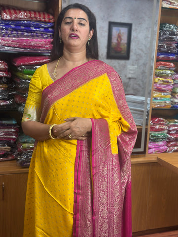 Yellow and pink crepe chiffon Banarasi sarees