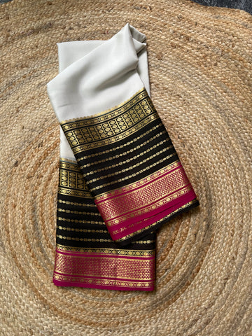 White and black horizontal line border pure Mysore Silk crepe 120 gsm