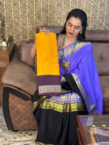 Mustard with wine semi checks crepe with designer blouse.