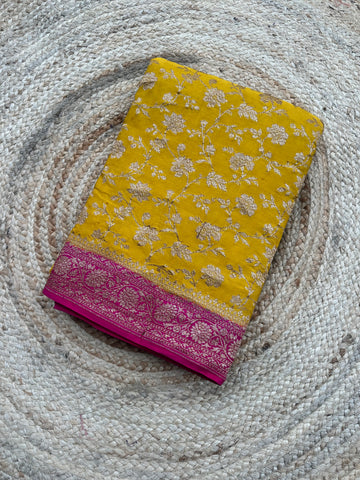 Yellow and pink pure crepe Banaras jaal pattern
