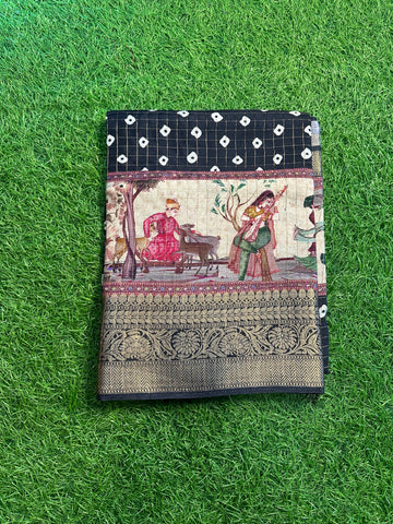 Black kalamkari dola crepe with Banaras border.