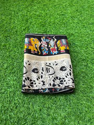 Black and red Kalamkari mulmul cotton sarees