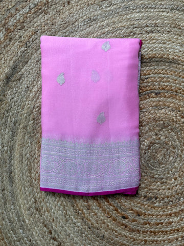 Baby pink with rani pink only blouse will be contrast pure khaddi chiffon.