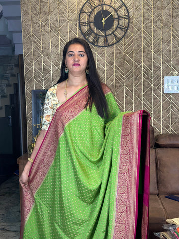Green and pink pure crepe Banaras silk sarees.