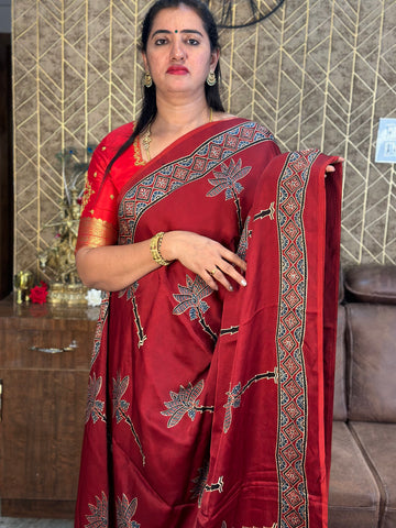 Brick red pure modal silk sarees.