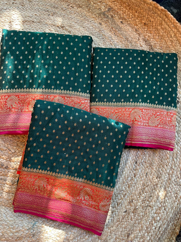Green with orange and pink, pure crepe Banaras handloom silk sarees.