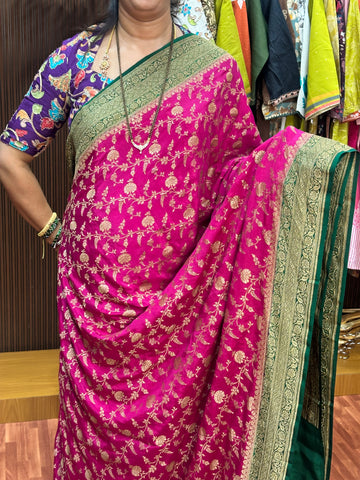 Pink with green jaal pure crepe Banaras silk sarees