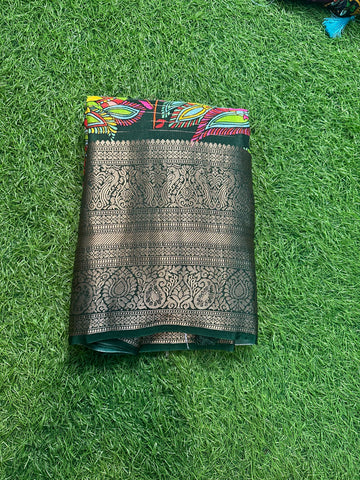 Peach with green Crepe kalamkari Kanchi border.