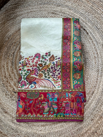 Half white with pink pure moonga crepe silk sarees Kashmiri weaving