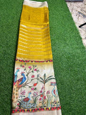 Mustard half white crepe kalamkari.