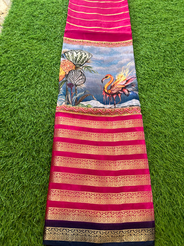 Red with navy blue semi crepe kalamkari
