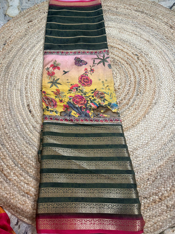 Green and red semi crepe digital kalamkari.
