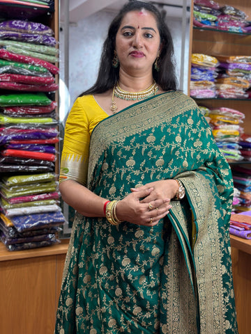 Dark green Pure crepe Banaras handwoven silk saree jaal pattern