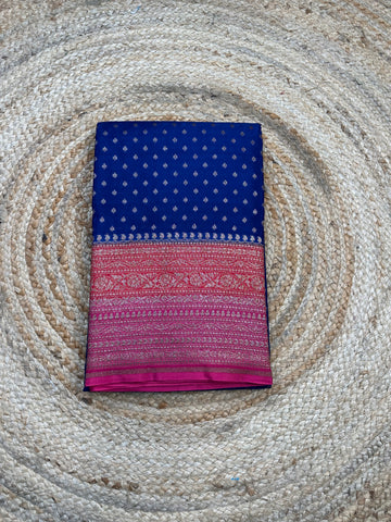 3D deep blue with pink and red crepe chiffon sarees.