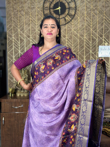 Lavender with purple dola crepe silk kalamkari border.