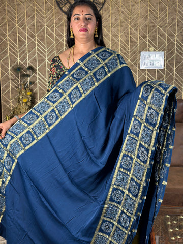 Peacock blue Pure modal Ajrak sarees.