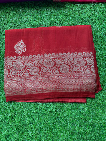 Brick red semi raw silk Banaras.