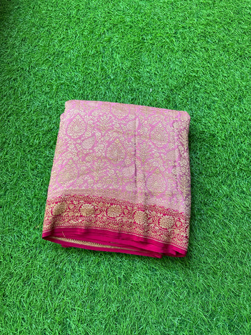 Onion pink and dark pink pure crepe brocade silk sarees.