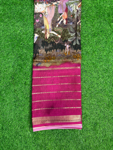 Mejentha semi crepe digital kalamkari with horizontal stripes.