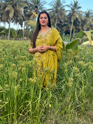 Light green chiffon 3 pc Kurtha set. V neck pattern jardosi work. XL available.