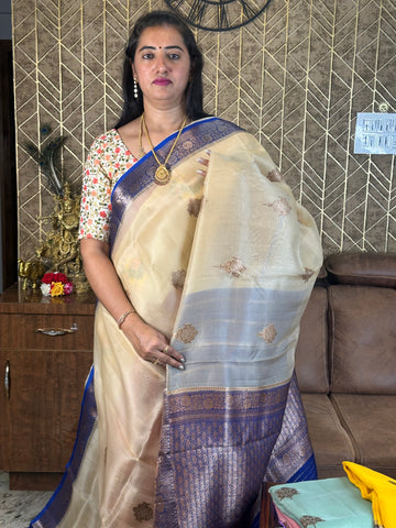 Beige and purple pure Kora organza handloom silk.