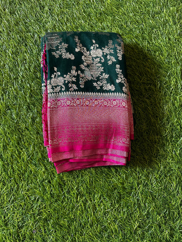 Crushed georgette in jaal pattern green and pink combination.