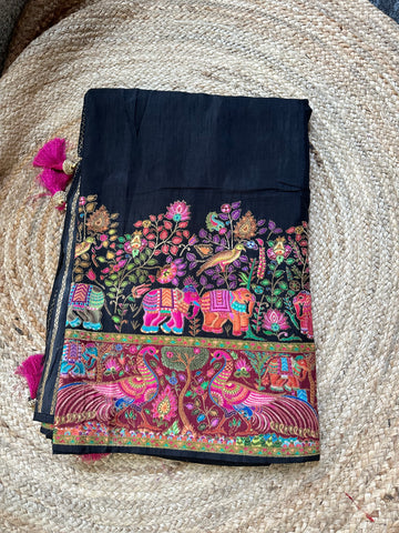Black and pink pure moonga crepe with Kashmiri weaving.