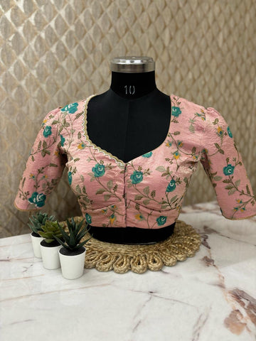 Peach pure tissue with hand embroidery scallop neckline ready blouse L to XXL