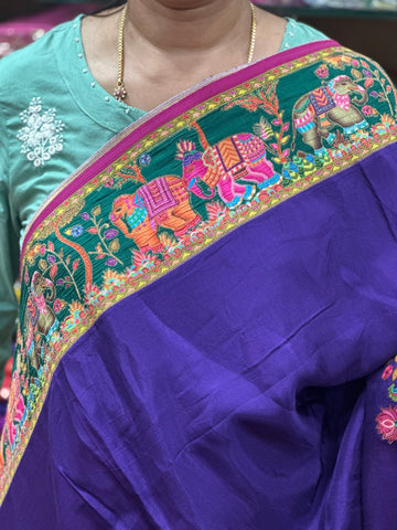 Purple with pink moonga crepe pashmina Saree
