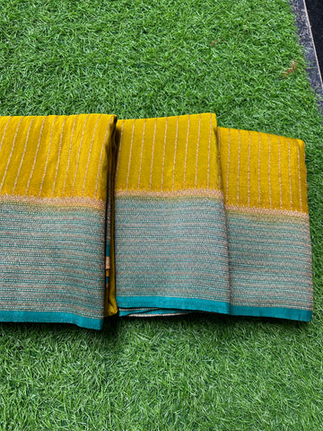Mustard with Rama blue semi wrinkle crepe.