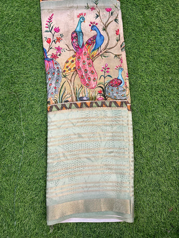 Half white and grey Semi checks crepe with digital kalamkari horizontal stripes.