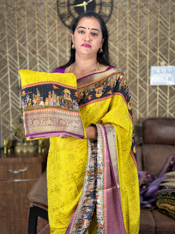 Mustard with mejentha dola crepe kalamkari border.